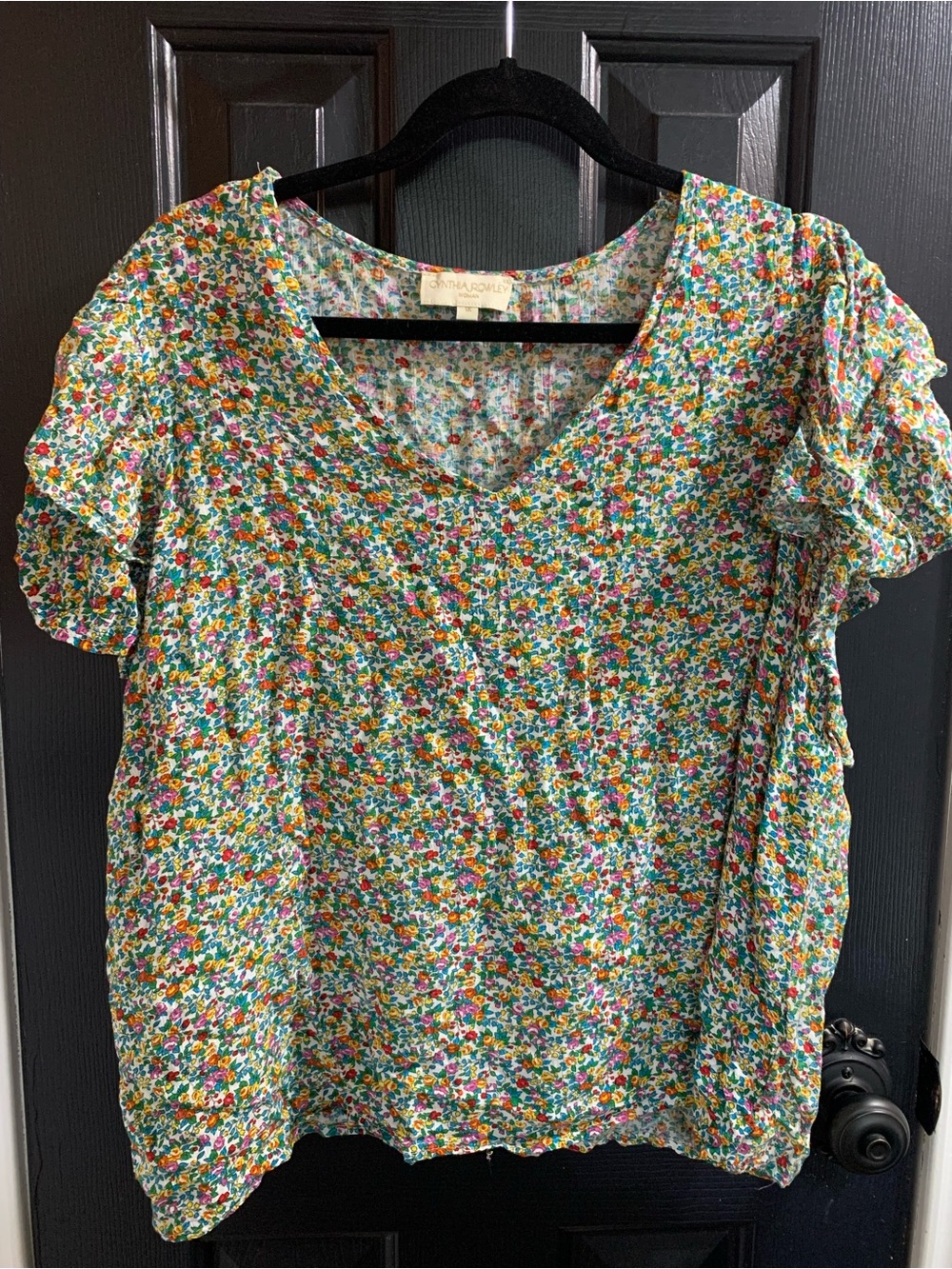 Cynthia Rowley Multicolor Floral V-Neck Short Sleeve Blouse